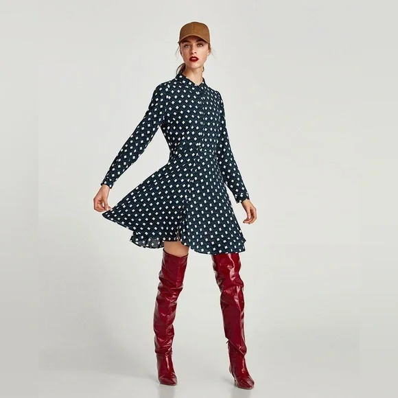Zara Women’s Dark Blue & Green & White Geometric Print Long Sleeve Dress - Picture 2 of 10